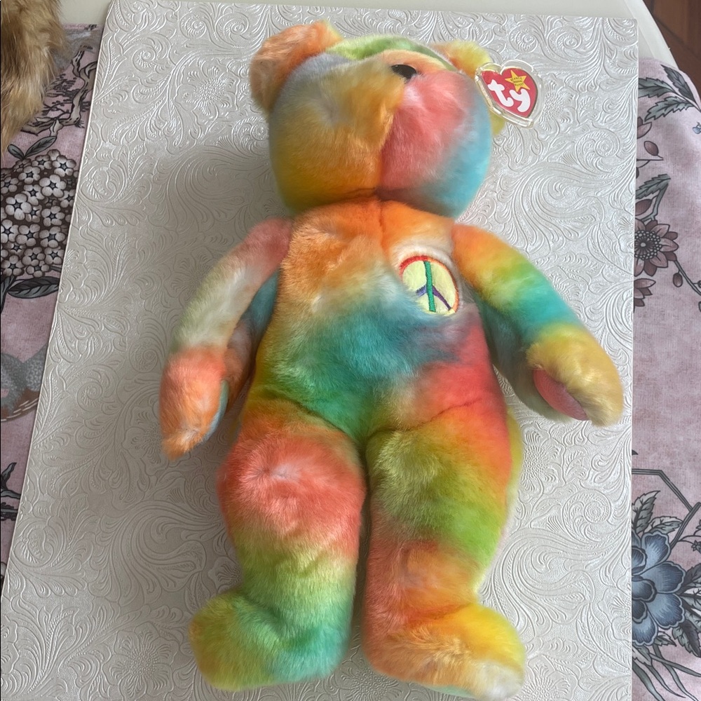 Ty Rainbow Peace Plush Bear - Multicolor Tie-Dye Colors